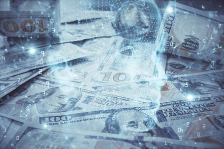 Double exposure of brain drawing over us dollars bill background. Technology concept.の写真素材