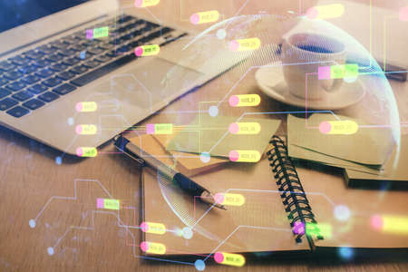 Multi exposure of technology theme drawing and desktop with coffee and items on table background....