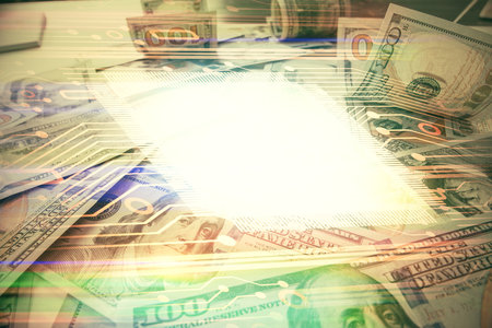 Double exposure of data theme drawing over us dollars bill background. Technology concept.