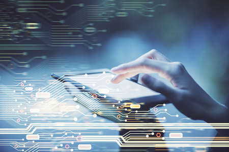 Double exposure of technology sketch hologram and woman holding and using a mobile device. Ai conceptの写真素材