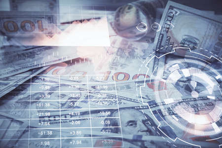 Multi exposure of forex chart drawing over us dollars bill background. Concept of financial success markets.の写真素材