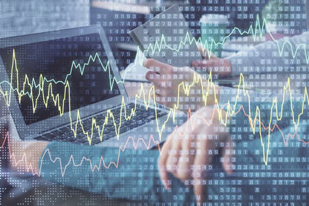 Double exposure of man and woman working together and forex chart hologram. Business concept....