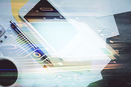 Double exposure of technology theme drawing over work table desktop. Top view. Global data analysis concept.の写真素材