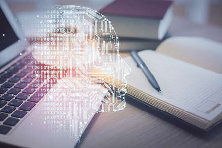 Double exposure of brain drawing and desktop with coffee and items on table background. Concept of...