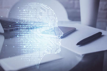 Double exposure of brain theme drawing and cell phone background. Concept of information