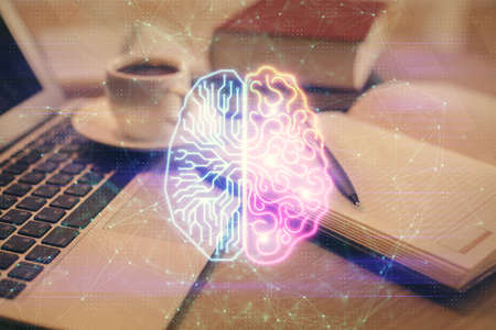 Double exposure of brain drawing and desktop with coffee and items on table background. Concept of...