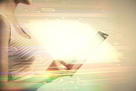 Double exposure of technology sketch hologram and woman holding and using a mobile device.