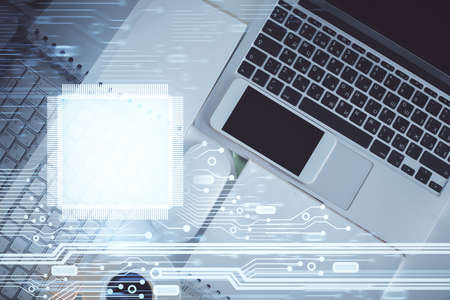 Multi exposure of data theme drawing hologram over topview work desk background with computer. Concept of technology.の写真素材