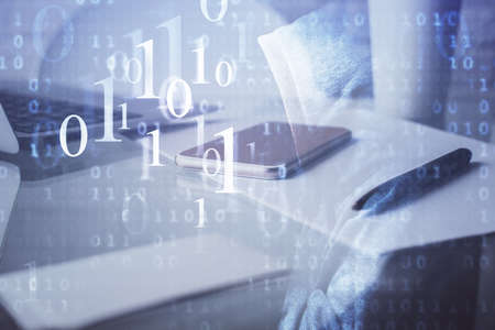 Double exposure of data theme drawing and mobile phone background. Concept of innovation
