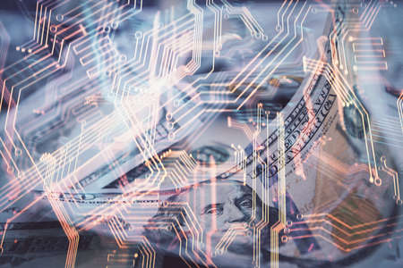 Double exposure of tech theme drawing over usa dollars bill background. Concept of technology.