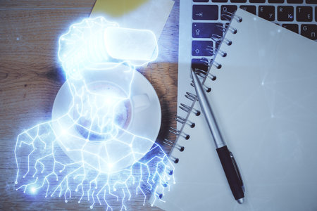 AR hologram drawings over computer on the desktop background. Top view. Multi exposure. Concept of augmented reality.の写真素材