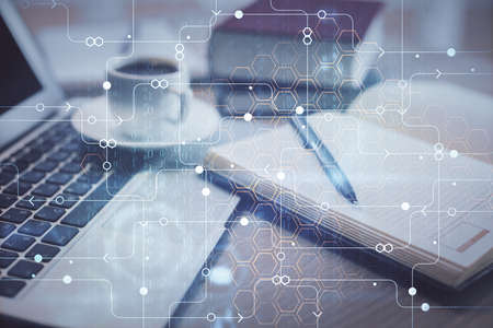 Double exposure of technology theme drawing and desktop with coffee and items on table background....