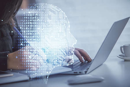 Multi exposure of woman hands working on computer and human brain hologram drawing. Ai tech concept.