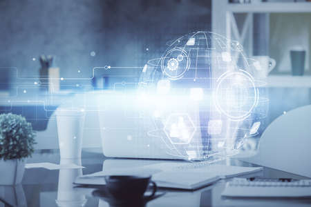 Double exposure of social network theme drawing and office interior background. Concept of web.