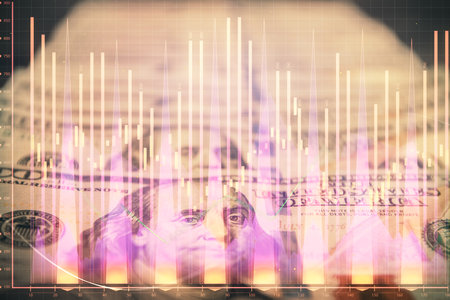 Double exposure of forex graph drawing over us dollars bill background. Concept of financial markets.の写真素材