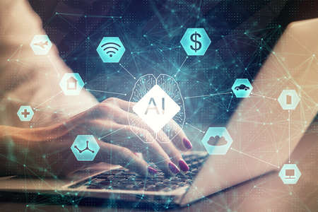 Multi exposure of woman hands working on computer and data theme hologram drawing. Tech concept.の写真素材