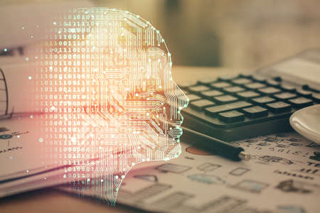 Multi exposure of brain drawings and desk with open notebook background. Concept of AIの写真素材