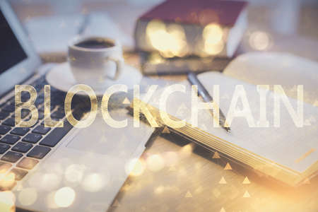 Double exposure of crypto technology drawing and desktop with coffee and items on table background. Concept of blockchainの写真素材