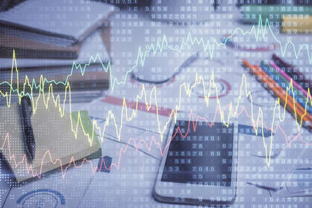 Double exposure of forex chart drawing and cell phone background. Concept of financial data analysis