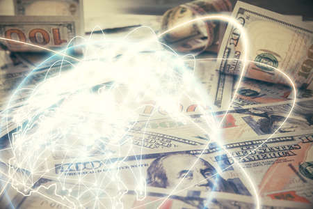 Multi exposure of business theme drawing over us dollars bill background. Concept of financial...