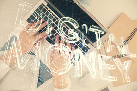 Double exposure of woman hands working on computer and blockchain theme hologram drawing. Top View....
