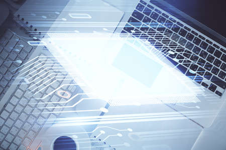 Multi exposure of data theme drawing hologram over topview work desk background with computer....
