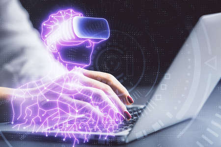 Double exposure of woman hands typing on computer and man in AR glasses drawing. Education concept.
