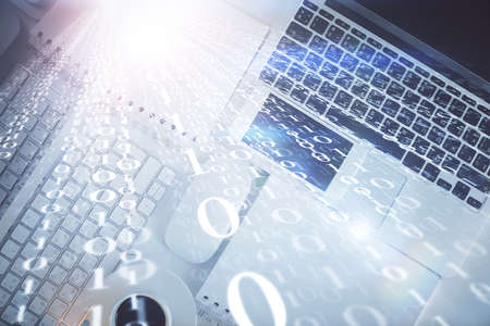Multi exposure of data theme drawing hologram over top view work desk background with computer....