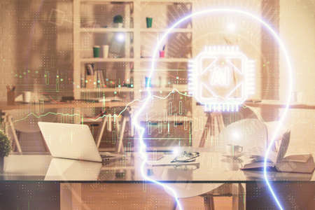 Multi exposure of brain drawing and office interior background. Concept of data technology.の写真素材