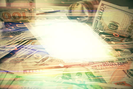 Double exposure of data theme drawing over us dollars bill background. Technology concept.