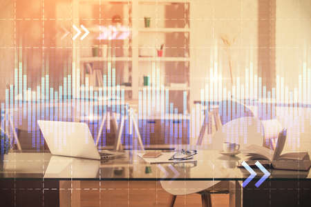 Multi exposure of stock market chart drawing and office interior background. Concept of financial...