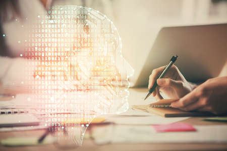 Multi exposure of woman hands working on computer and brain hologram drawing. Ai concept.の写真素材