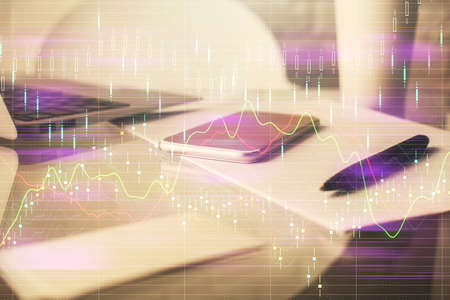 Double exposure of forex graph drawing and cell phone background. Concept of financial data analysis