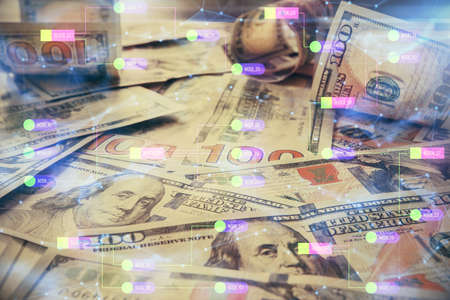 Double exposure of data theme drawing over us dollars bill background. Technology concept.の写真素材
