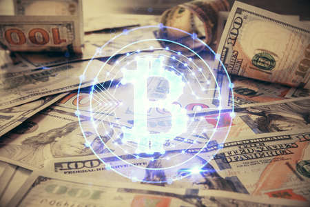 Multi exposure of crypto theme drawing over us dollars bill background. Concept of blockchain...