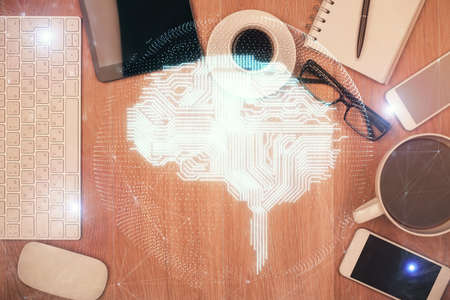 Multi exposure of brain drawing over work table desktop. Top view. Global data analysis concept.の写真素材