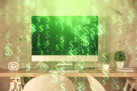 Multi exposure of financial graph drawing and office interior background. Concept of market analysis.の写真素材