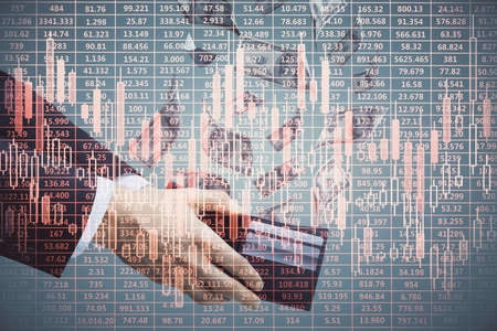 Multi exposure of financial graph drawing hologram and USA dollars bills and man hands. Analysis...