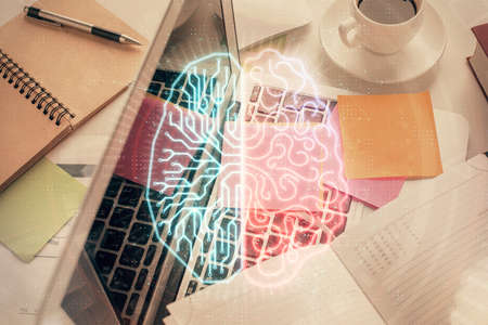 Multi exposure of brain sketch hologram over topview work table background with computer. Concept of...