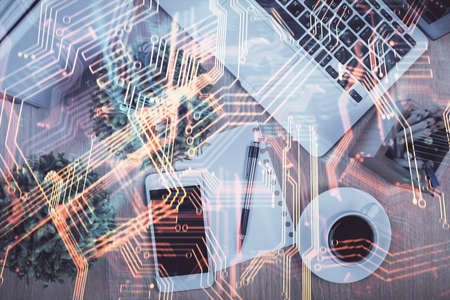 Multi exposure of technology theme drawing over table with phone. Top view. Concept of hightech.