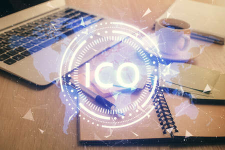 Double exposure of crypto technology drawing and desktop with coffee and items on table background. Concept of blockchainの写真素材