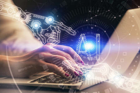 Multi exposure of woman hands working on computer and data theme hologram drawing. Tech concept.