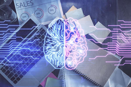 Double exposure of brain drawing hologram over topview work table background with computer. Concept of big data.の写真素材