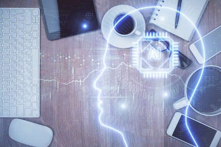 Multi exposure of brain drawing over work table desktop. Top view. Global data analysis concept.