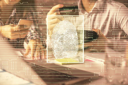 Double exposure of man and woman on-line shopping holding a credit card and fingerprint hologram...