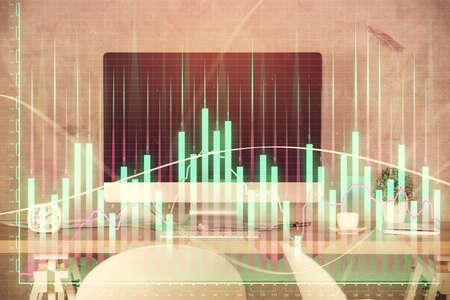 Multi exposure of financial graph drawing and office interior background. Concept of market...