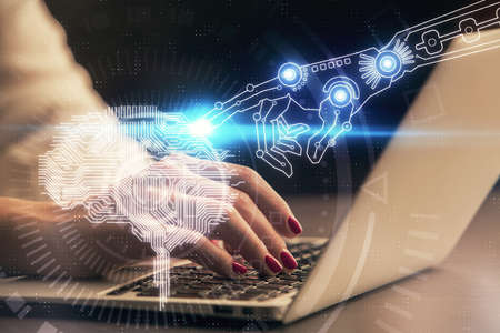 Multi exposure of woman hands working on computer and human brain hologram drawing. Ai tech concept.