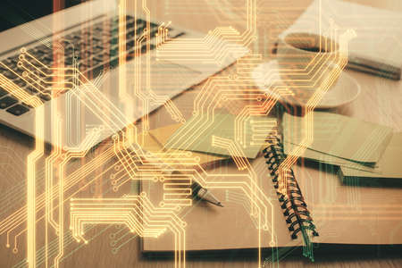 Double exposure of technology theme drawing and desktop with coffee and items on table background....