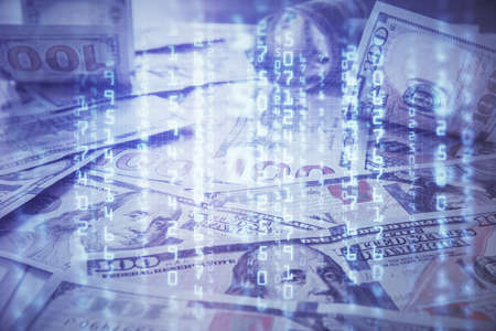 Double exposure of data theme drawing over us dollars bill background. Technology concept.