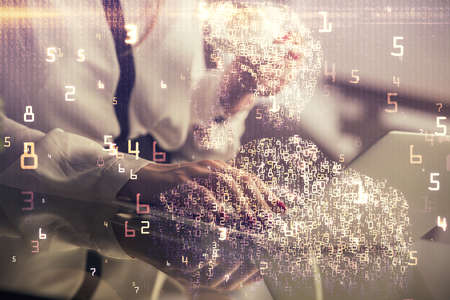 Double exposure of woman hands typing on computer and technology theme drawing. High Tech concept.